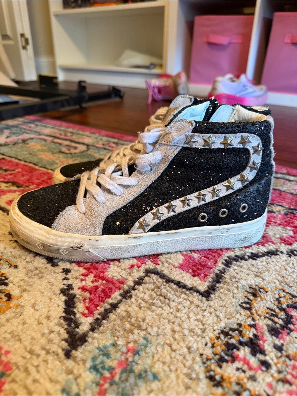 Vintage Havana Black Glitter High-Top Sneakers with Silver Star Trim